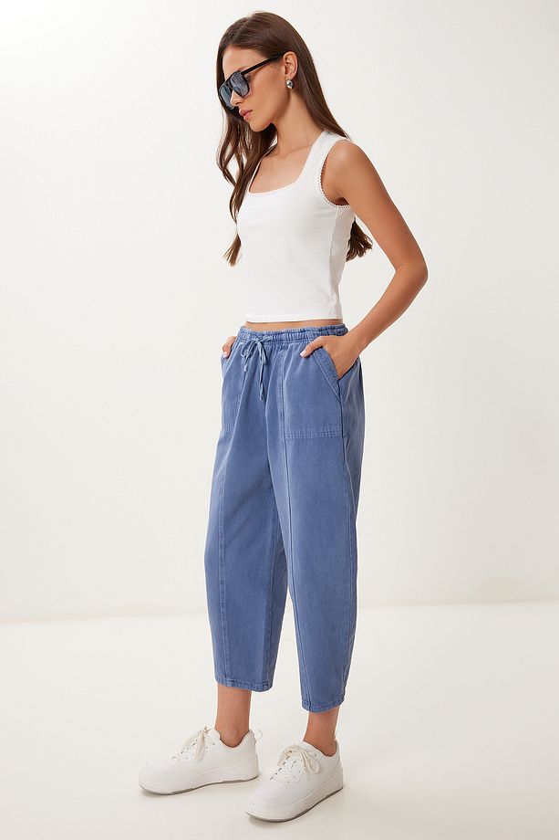 Kadın İndigo Mavi Capri Rahat Gabardin Pantolon GP00019 - 2