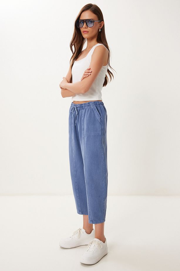 Kadın İndigo Mavi Capri Rahat Gabardin Pantolon GP00019 - 1