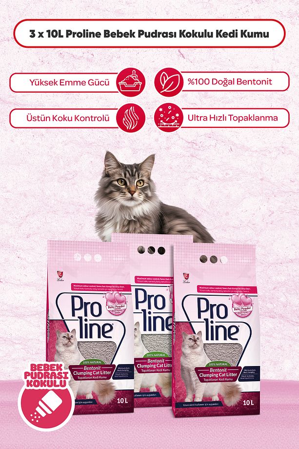 3 Adet - Proline Bebek Pudralı Topaklanan Bentonit Kedi Kumu 10 Lt - 1