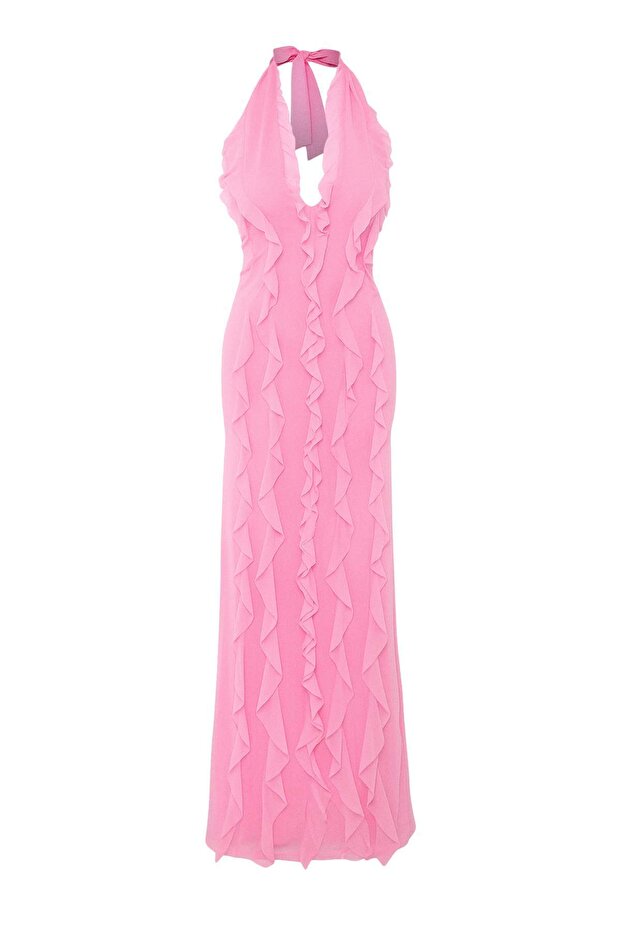 Limitovaná edícia Ružové volánikové podšité tylové večerné šaty Večerné šaty na promócie TPRSS25AE00063 - 7