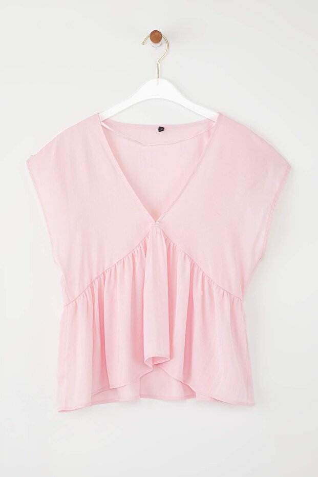 Pembe V Yaka Dökümlü Dokuma Yumuşak Tuşeli Bluz TWOSS25BZ00582 - 4