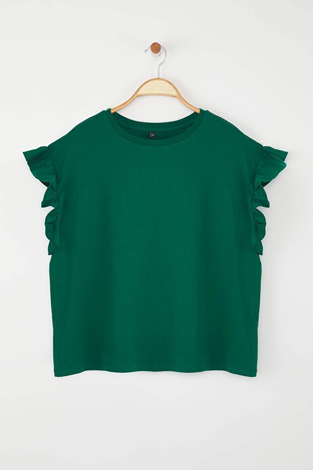 Zümrüt Yeşili Bisiklet Yaka Kolları Fırfırlı %100 Pamuk Örme T-Shirt TBBSS23BF00006 - 5