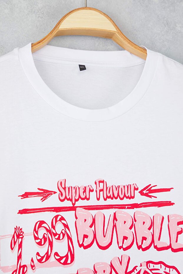 Beyaz %100 Süprem Baskılı Oversize/Rahat Kesim Örme Büyük Beden T-Shirt TBBSS25BF00082 - 7