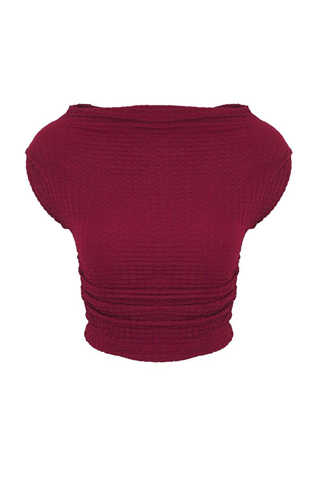 Bordo Dokulu Kayık Yaka Büzgülü Kolsuz Esnek Örme Bluz TWOSS25BZ00485 - 5