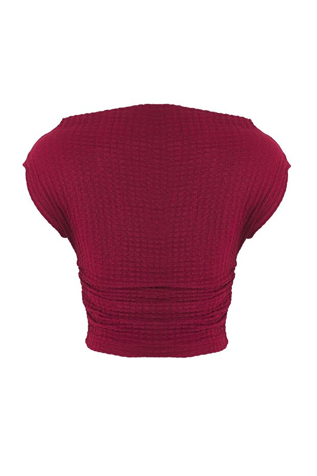Bordo Dokulu Kayık Yaka Büzgülü Kolsuz Esnek Örme Bluz TWOSS25BZ00485 - 6
