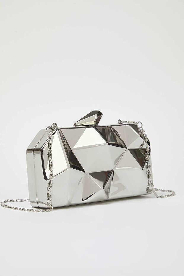 Metalik Gümüş Üç Boyutlu Abiye Kadın Şık Mini Boy Clutch El Çantası TAKSS25OC00064 - 1
