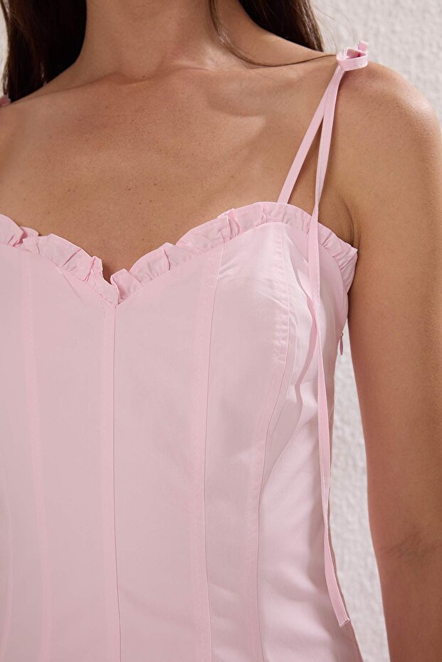 Pembe Belden Açılan Dokuma Maxi Elbise TWOSS25EL00870 - 3