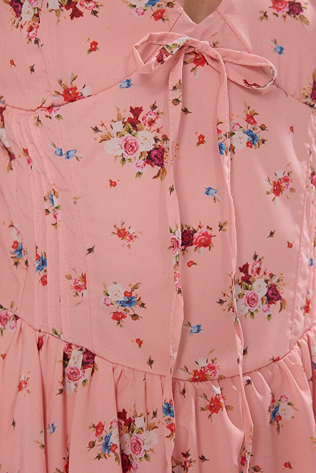 Pembe Çiçekli Mini Dokuma Elbise TWOSS25EL00789 - 3
