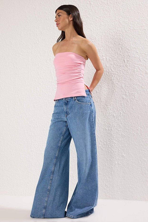 Pembe Pamuklu Esnek Straplez Büzgü/Drape Detaylı Örme Bluz TWOSS25BZ00484 - 1