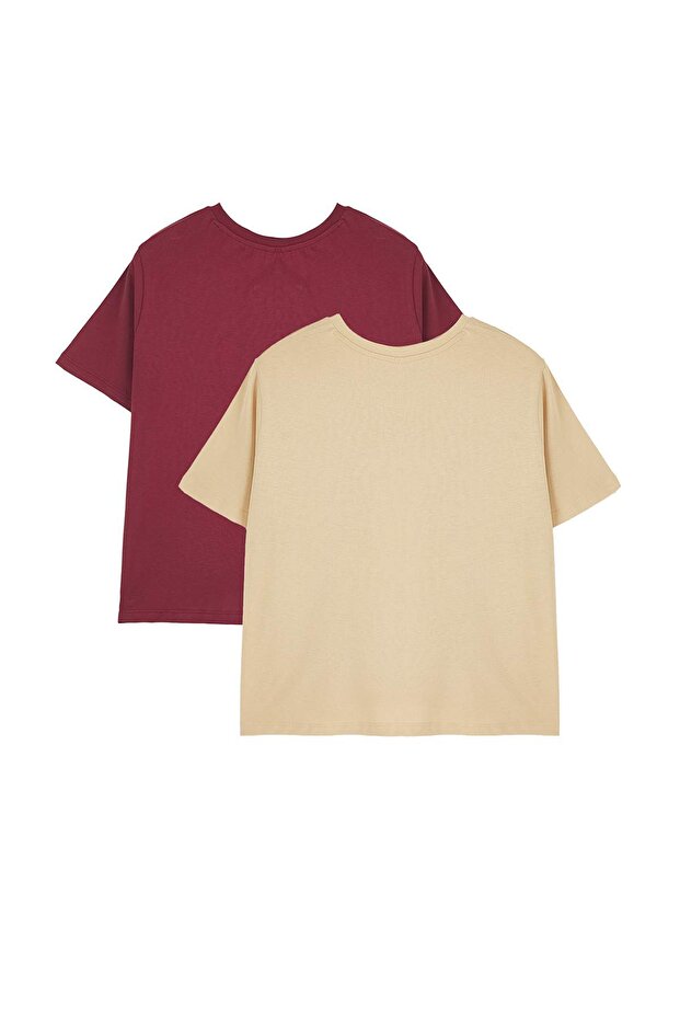 Bordó-bézs 2 csomagos nagy méretű Crop póló TBBSS25BF00080 - 7