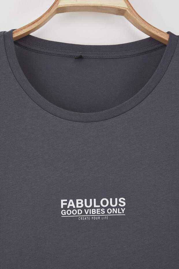 Antrasit Oversize Fit %100 Pamuk Ön ve Arka Baskılı Örme Büyük Beden T-Shirt TBBSS25BF00002 - 7
