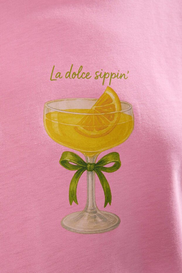 Pembe %100 Pamuk Oversize/Geniş Kalıp Coctail Baskılı Örme T-Shirt TWOSS25TS00202 - 3