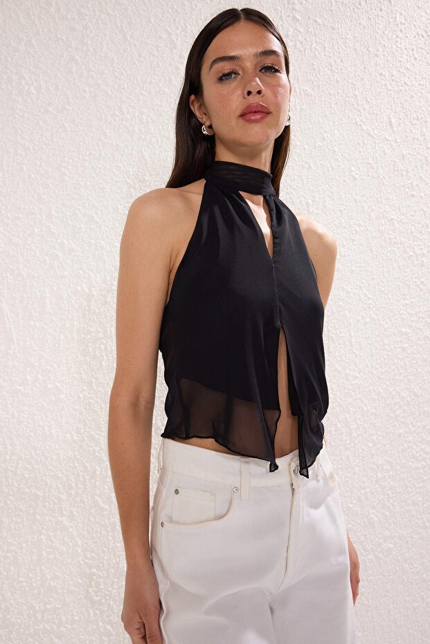 Siyah Boyundan Bağlamalı Örme Tül Party Bluz TPRSS25BZ00053 - 3