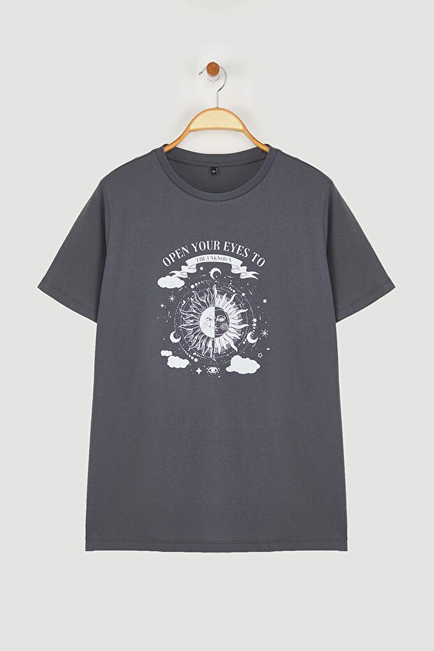 Antrasit Bisiklet Yaka %100 Pamuk Örme T-Shirt TBBSS23BF00030 - 7