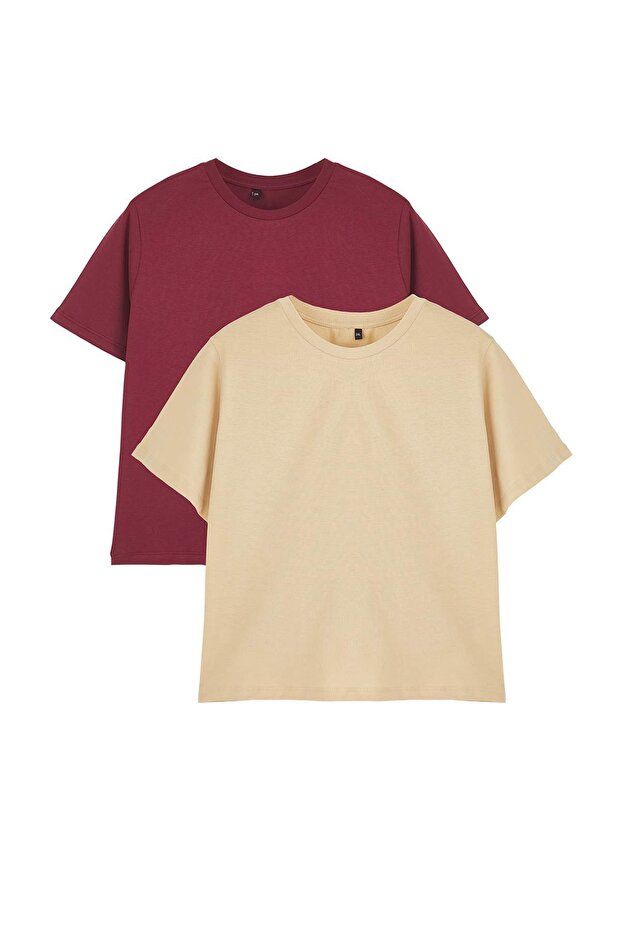 Bordó-bézs 2 csomagos nagy méretű Crop póló TBBSS25BF00080 - 6