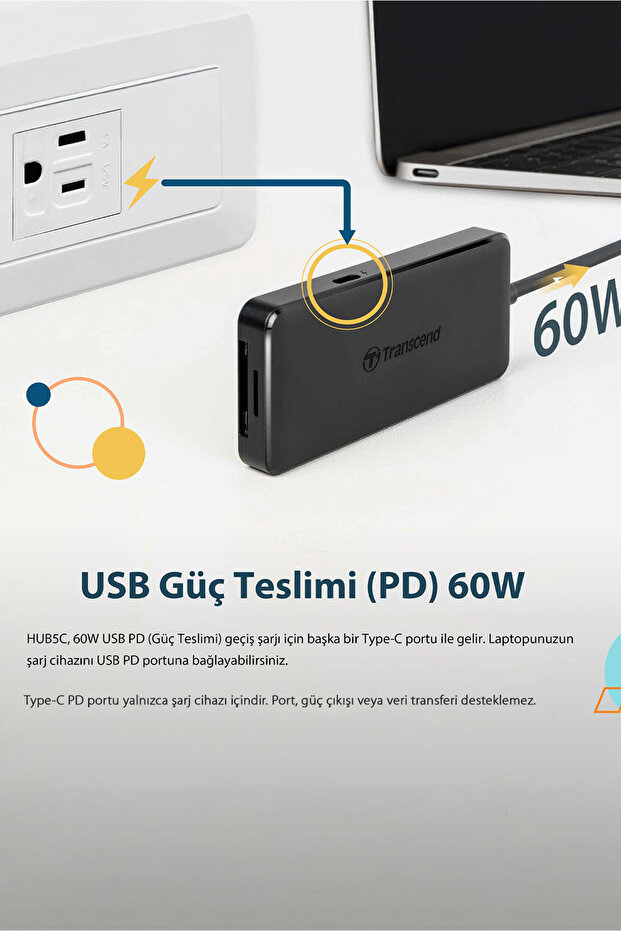 Transcend TS-HUB5C 2-Port Type-A,1-Port Type-C,1-Port PD,SD/MicroSD Gen 2 Type C HUB & Kart Okuyucu - 5
