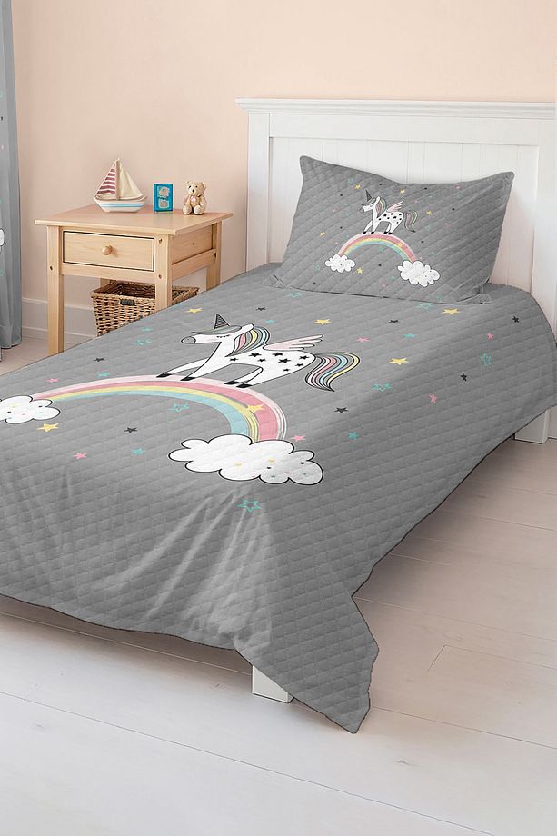 Unicorn Desenli Tek Kişilik Çocuk ve Genç Odası Pike Takımı Yatak Örtüsü - 5