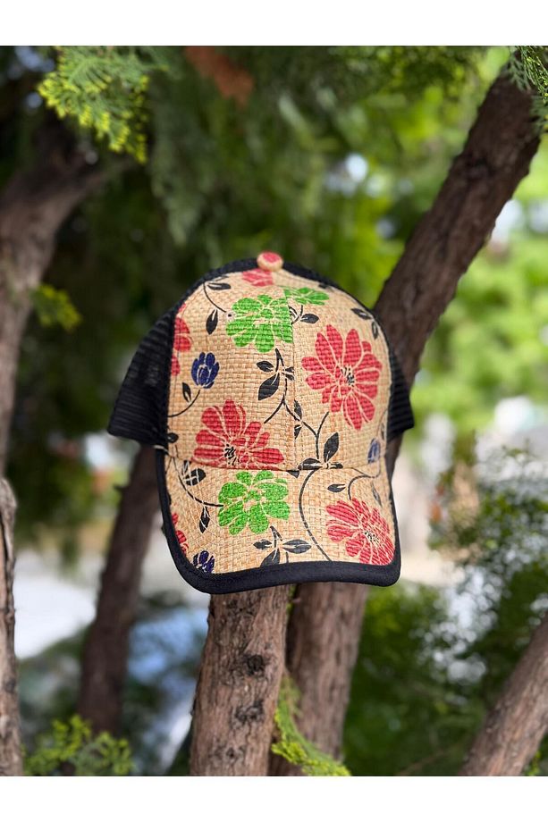14758 Çiçek Desenli Bej Hasır Kep Şapka - 4
