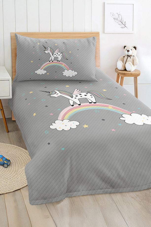 Unicorn Desenli Tek Kişilik Çocuk ve Genç Odası Pike Takımı Yatak Örtüsü - 1