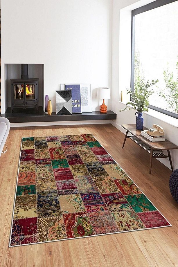 Patchwork Çiçek Desenli Yıkanabilir Kaymaz Taban Leke Tutmaz Modern Salon Halısı Ve Yolluk - 2