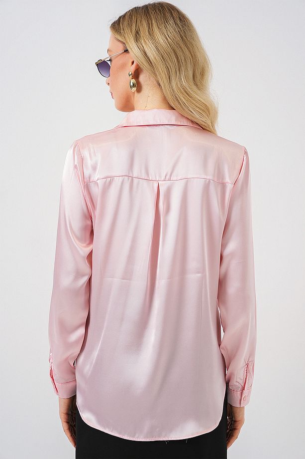 3964 Hafif Dökümlü Saten Gömlek - Pembe - 6