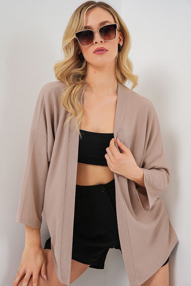 5862 Örme Kimono - Bej - 4