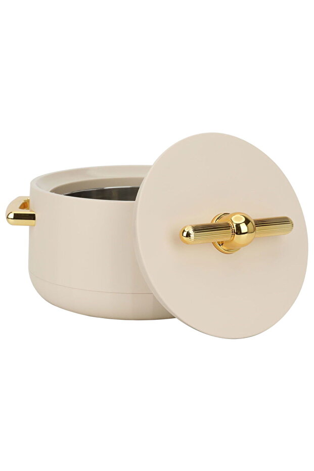 علبة طعام دائرية باللون البيج الفاتح بمقبض ذهبي، 200 مل - 2