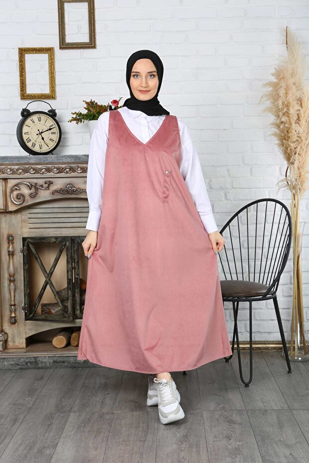 Button Detailed Velvet Salopette Dress