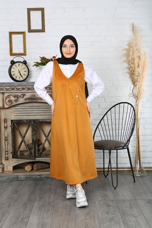 Button Detailed Velvet Salopette Dress