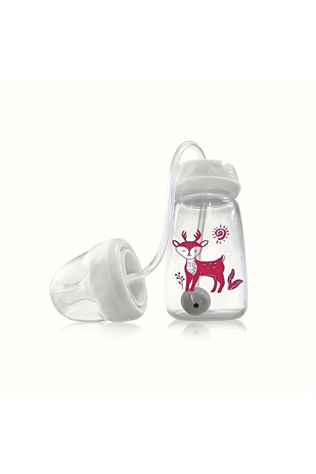 Pink 1pc 5oz/150ml Hands-Free PP Feeding Bottle with Straw Brush, Self-Feeding Normal-Neck Baby Bott