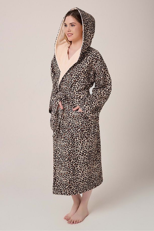 Leopar Desenli Dijital Baskılı Kapüşonlu Bornoz - 3
