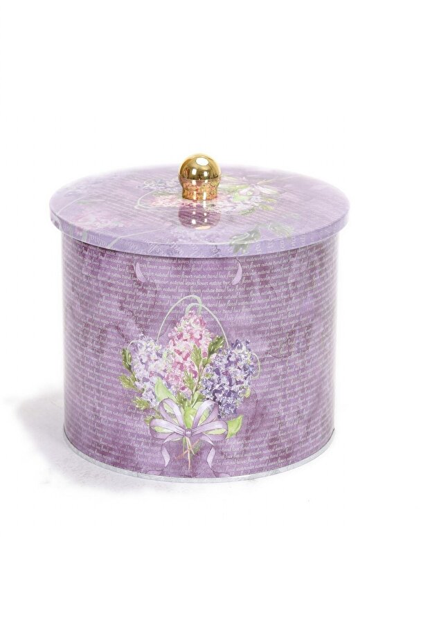 Ef143-28 Flower Purple Patterned Round Metal Storage Container 14 Cm