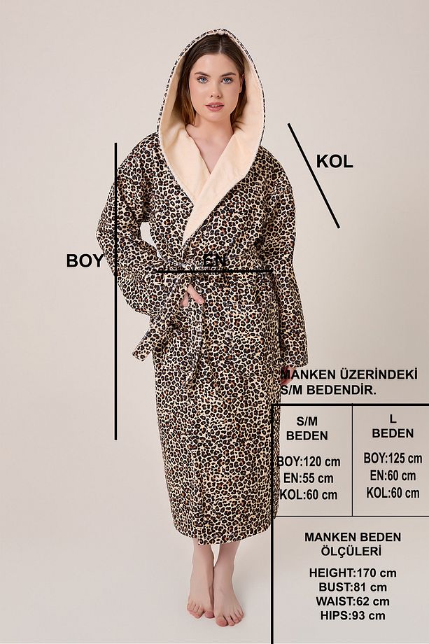 Leopar Desenli Dijital Baskılı Kapüşonlu Bornoz - 6