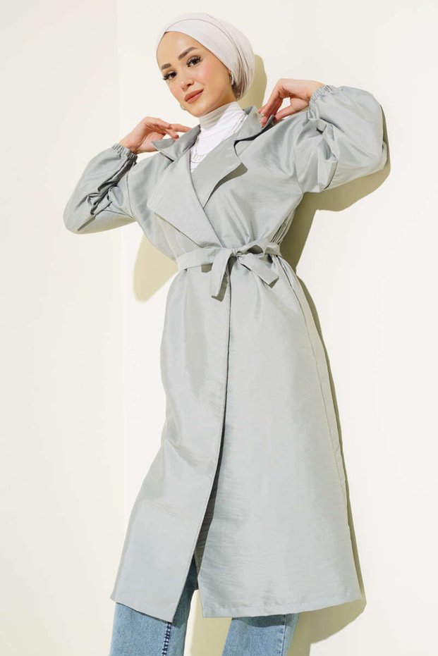 Women's Waist Tie Balloon Sleeve Trench Coat