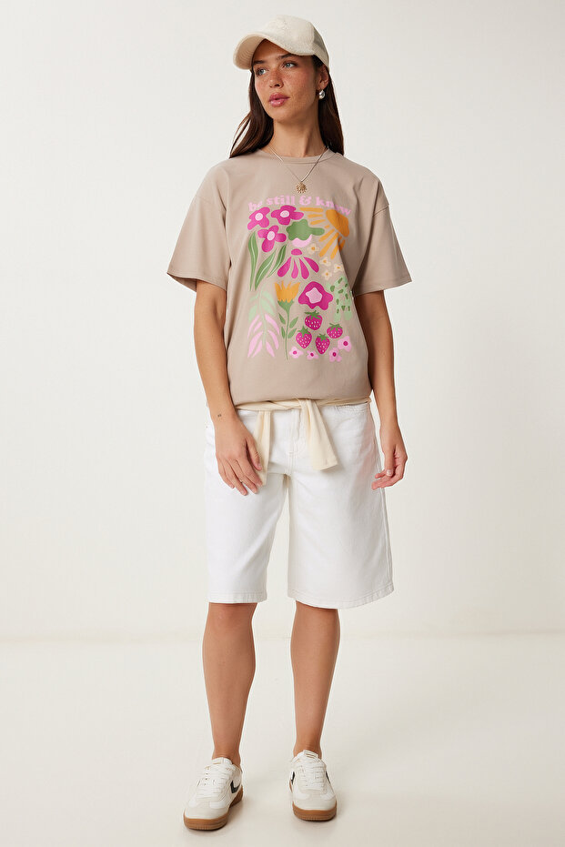 Oversize Printed Knitted T-Shirt Beige Lcr0068