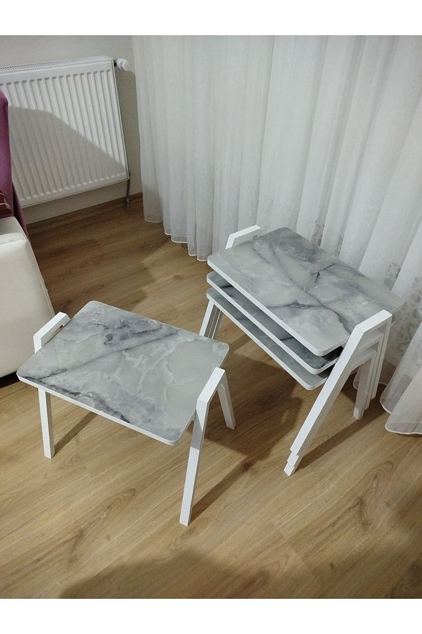 Zigon Sehpa 4'Lü Mermer Desenli Tepsi Model - 7