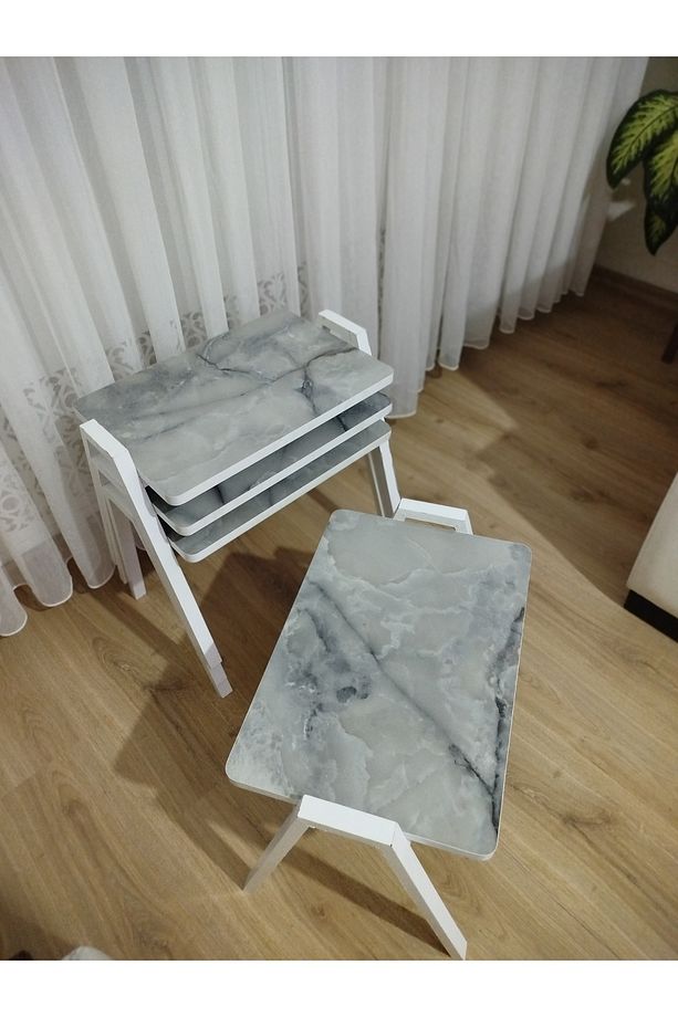 Zigon Sehpa 4'Lü Mermer Desenli Tepsi Model - 6