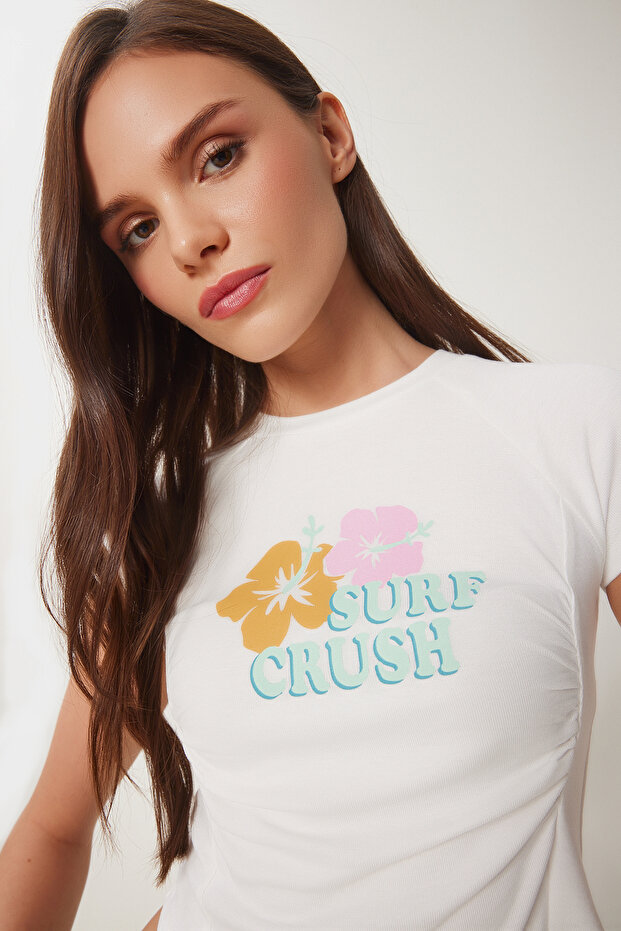 Printed Gathered Crop Knitted T-Shirt Bone Lcr0061