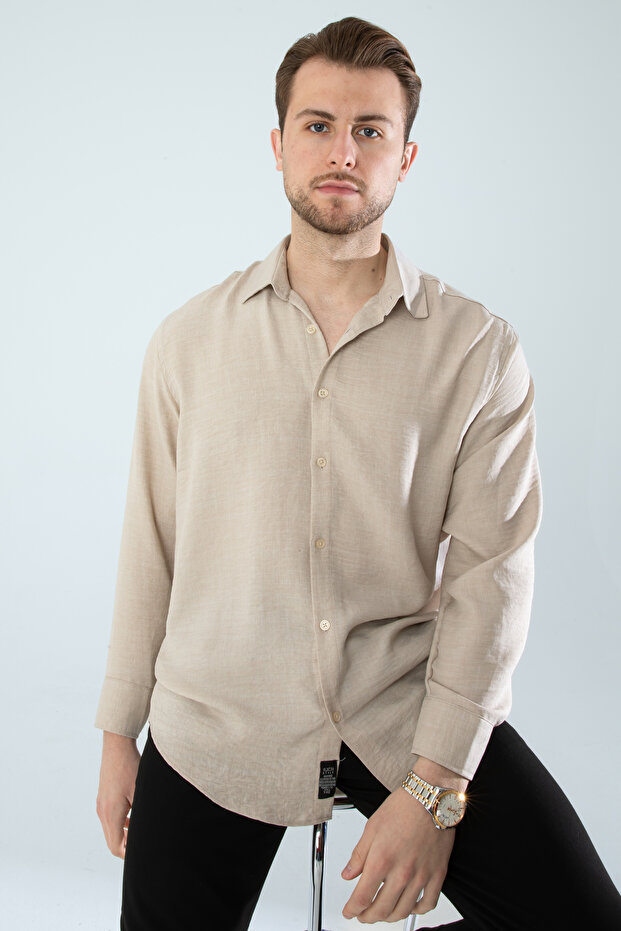 Men's Beige Linen Textured Oversize Shirt (Oversized Cut)