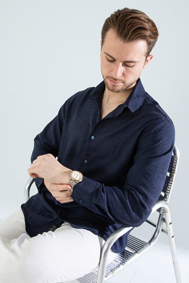 Erkek Lacivert Keten Dokulu Oversize Gömlek(GENİŞ KESİMDİR) - 8