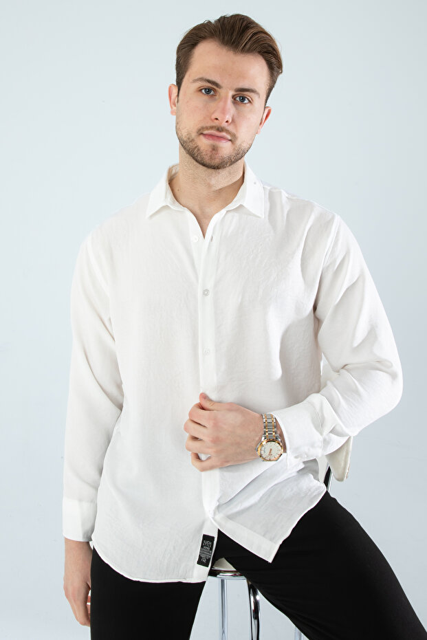 Men's White Linen Textured Oversize Shirt (Oversized Cut)