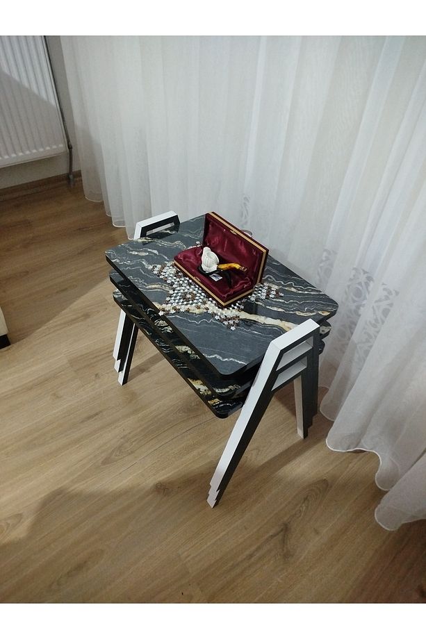Zigon Sehpa 3'Lü Mermer Desenli Tepsi Model - 1