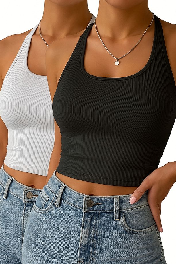 Kadın Çapraz Kolsuz 2 Lİ Adet Fitilli Crop Basıc Atlet Bluz - 1