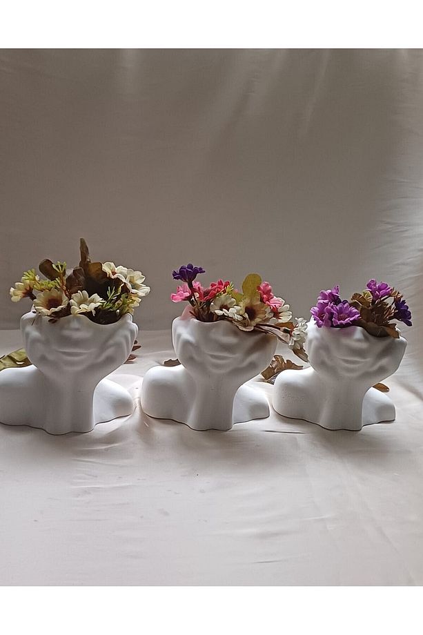 6 Parça 3'lü Kadın Saksı Dekoratif Biblo Set Çiçeklik, (3 Adet Mini Cicek Hediye ) - 3