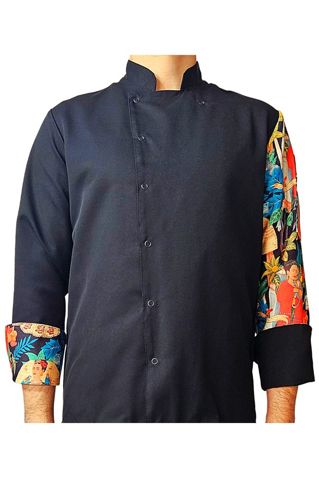 Chef Jacket Patterned Unisex Snap Fastener Black Long Sleeve Chef Cook Kitchen Jacket Table Patterned