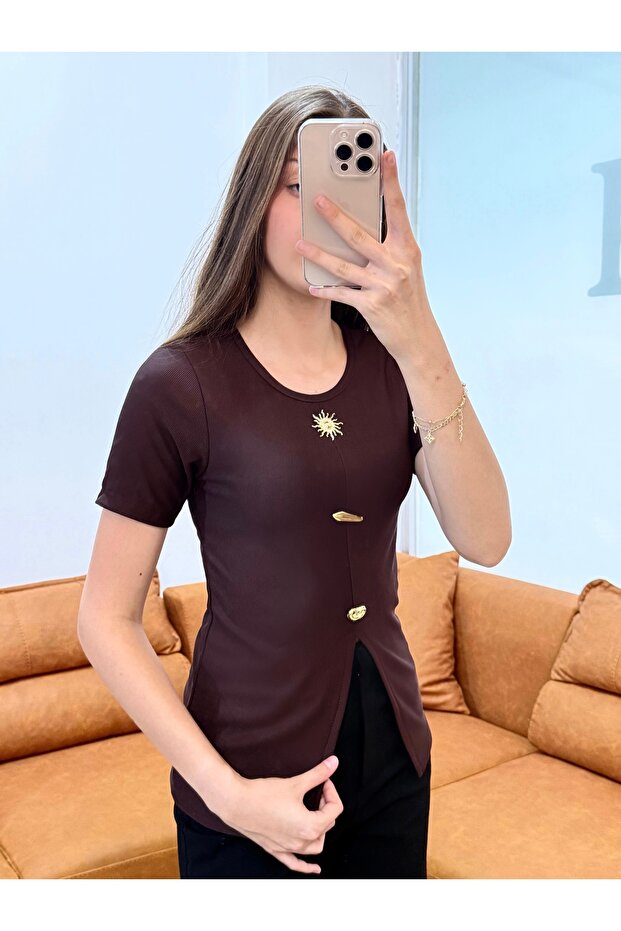 Sun Button Detailed Ribbed Blouse - 4