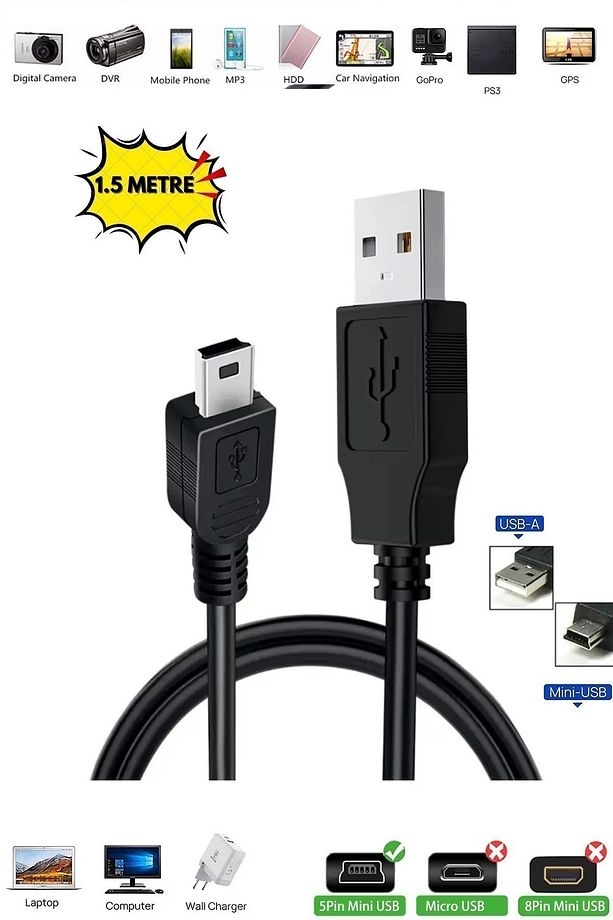 1.5 Metre Ps3 Kol Şarj Kablosu 5 Pin Mini Usb Usb5-pin 2.0 Erkek A Mini 5 Pin B 1.5mt Piramit Uç - 4