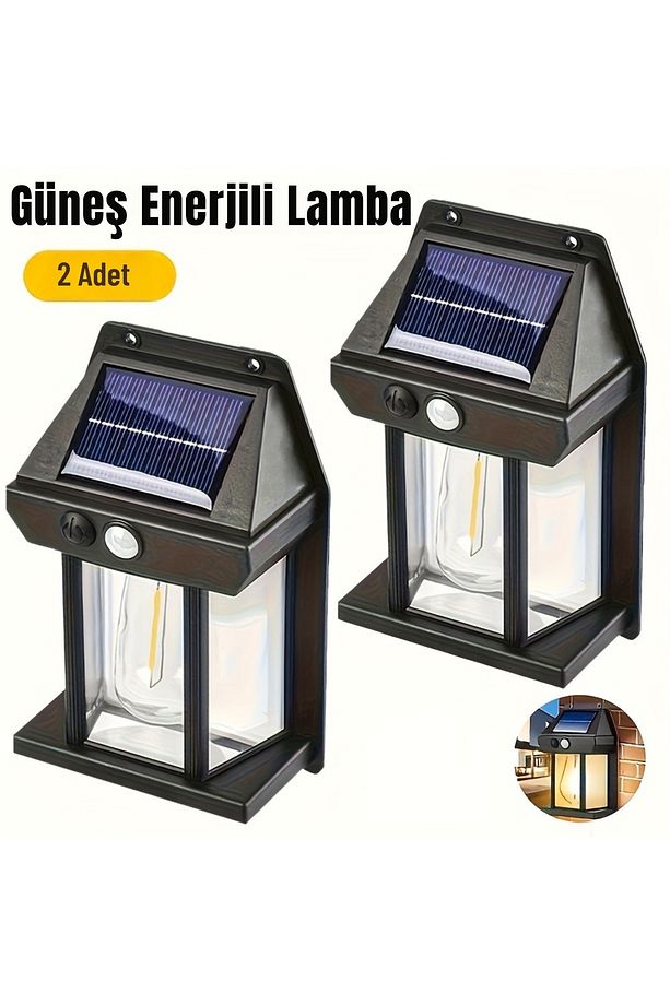 2 Adet Güneş Enerjili Hareket ve Aydınlık Sensörlü Siyah Rustik Lamba Solar Aydınlatma Aplik - 1