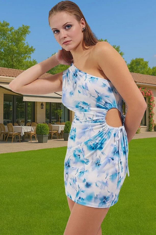 Çiçek Desenli Tek Omuz Mini Elbise Örme Kumaş Yaz Mezuniyet Elbisesi Şık Görünüm Modern Stil - 1