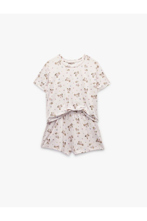 Ayıcık Desenli Kısa Kollu Bisiklet Yaka Şortlu Pijama Takımı - 4